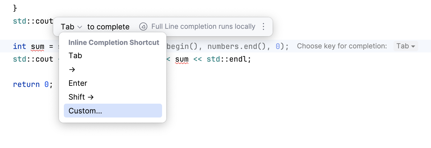 Full line code completion popup