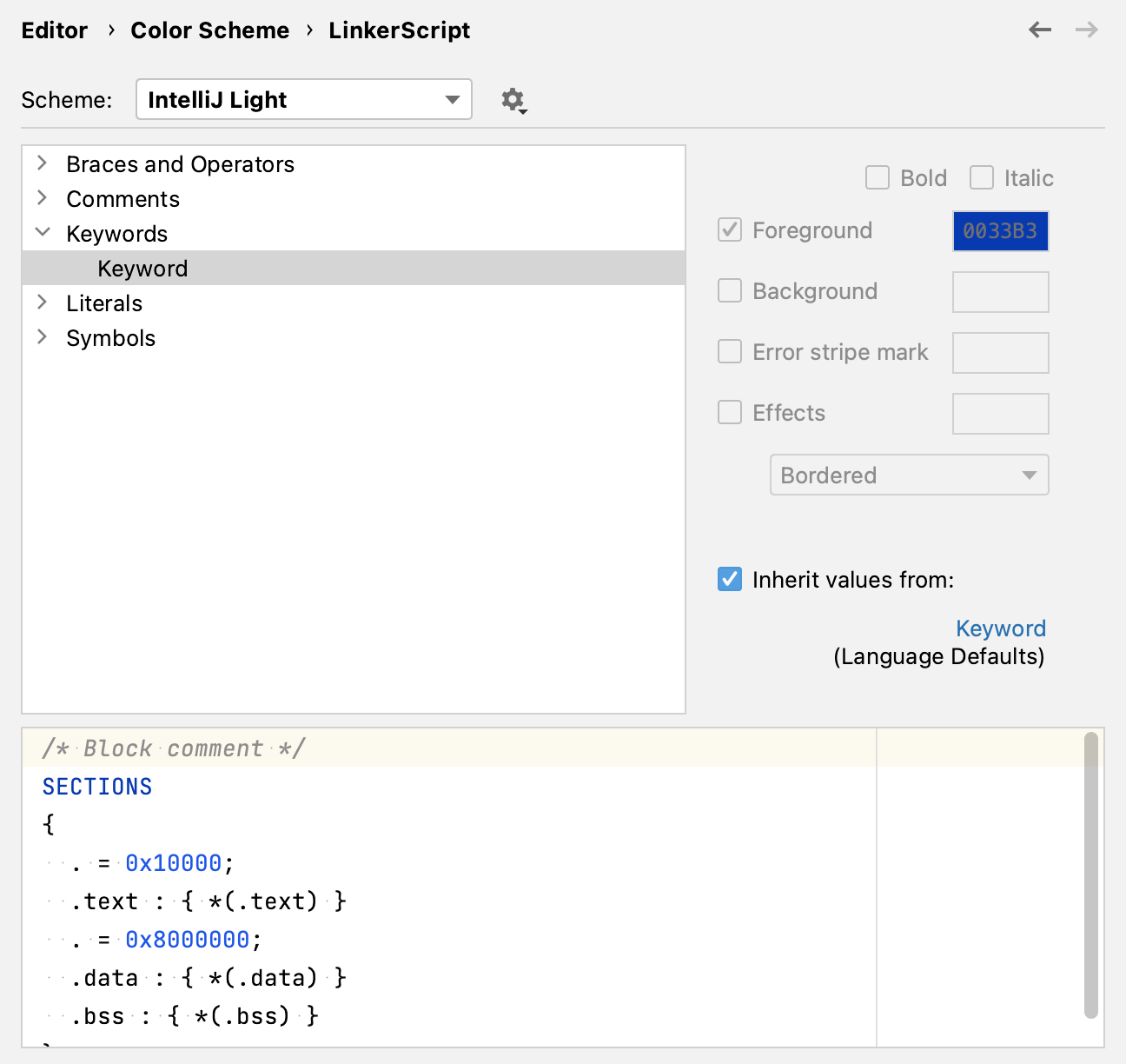 Linker scripts color scheme