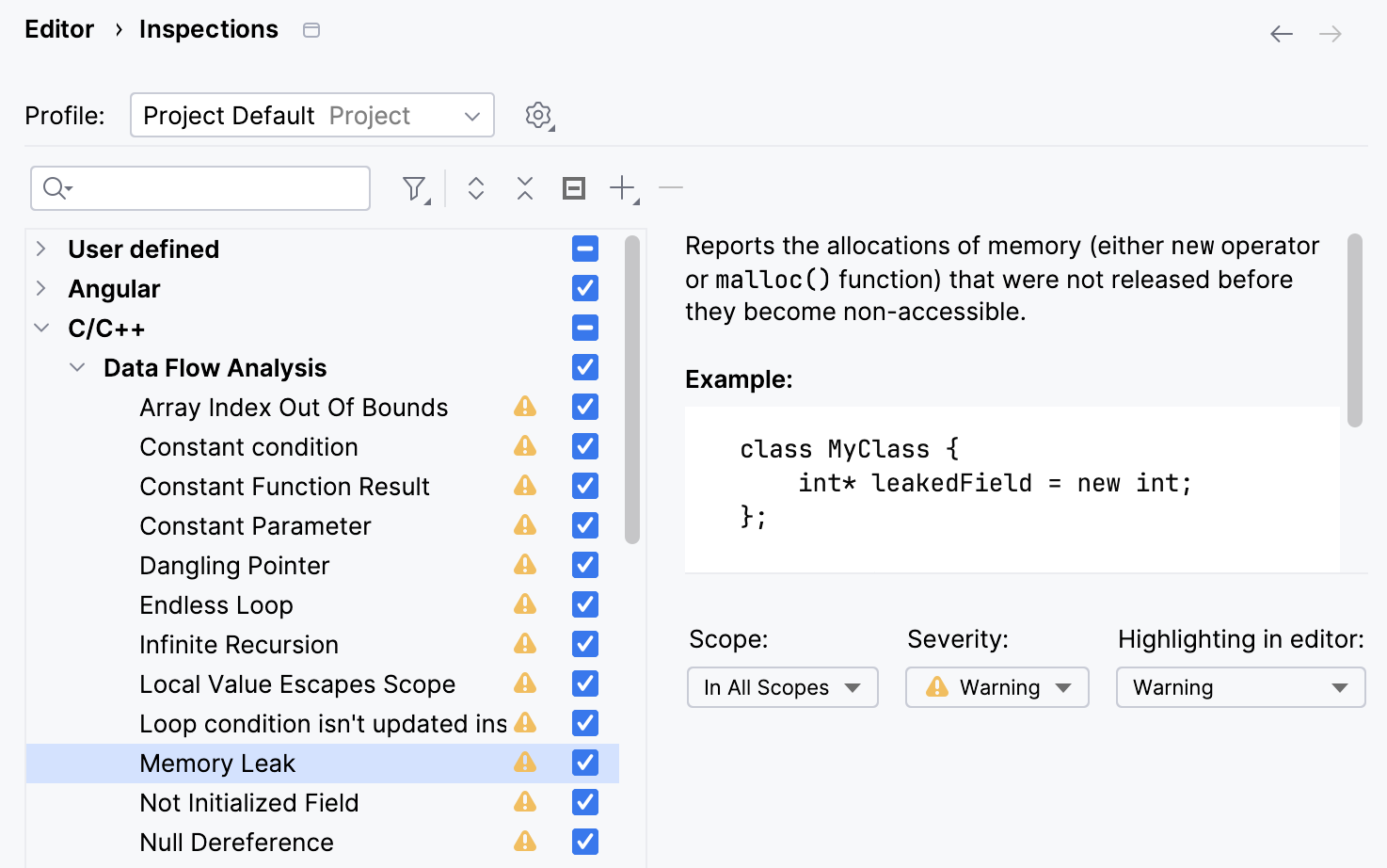The Memory Leak inspection settings