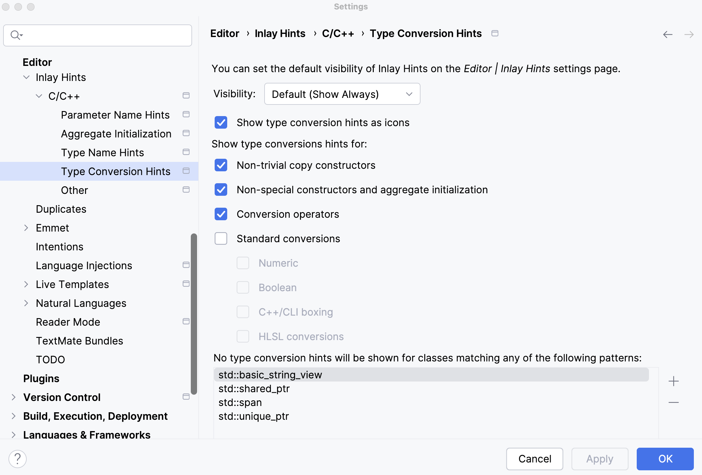 Type conversion hints settings in CLion Nova