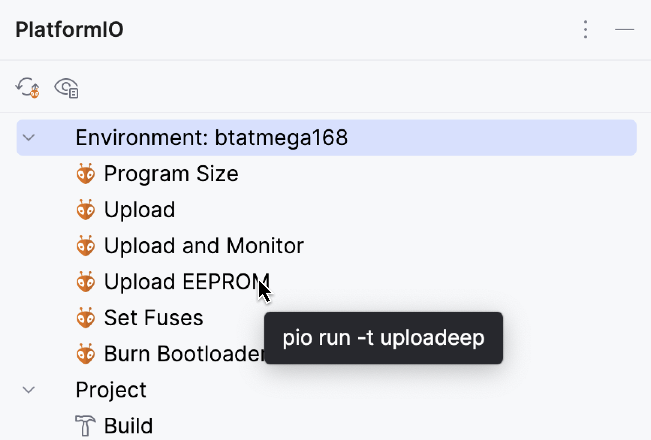 Tooltips for commands in PlatformIO tool window