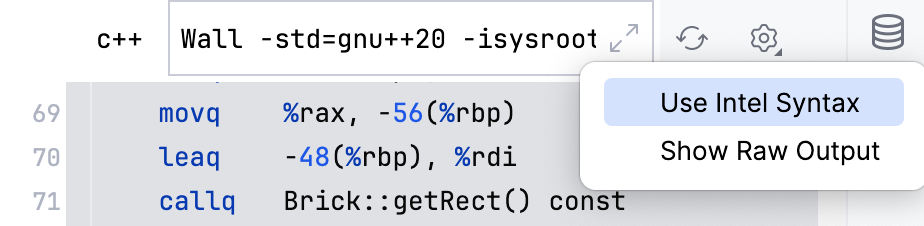 the Use Intel Syntax and Show Raw Output options