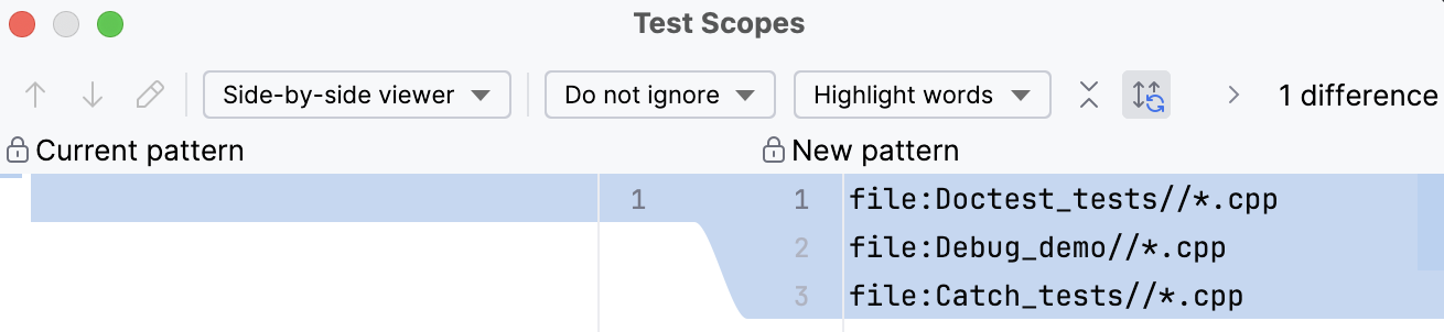 Test file patterns diff viewer