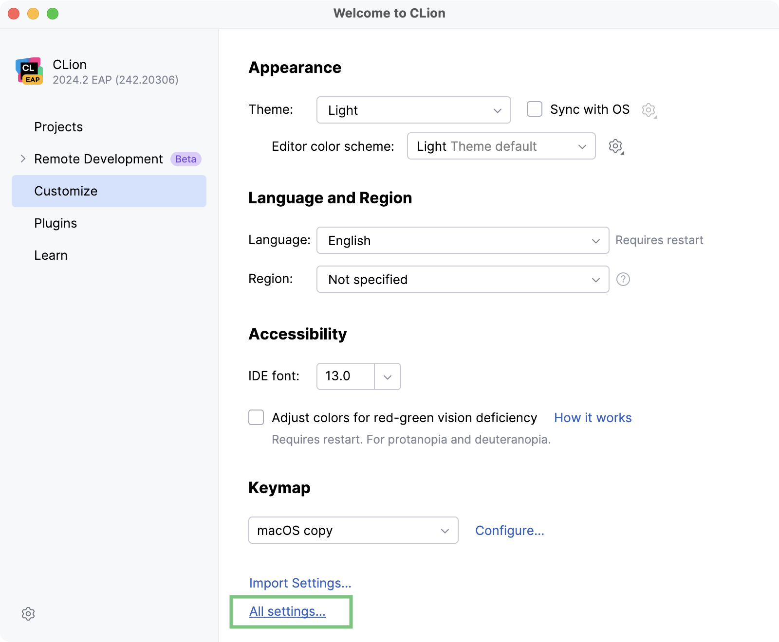 Configuring new default settings for projects