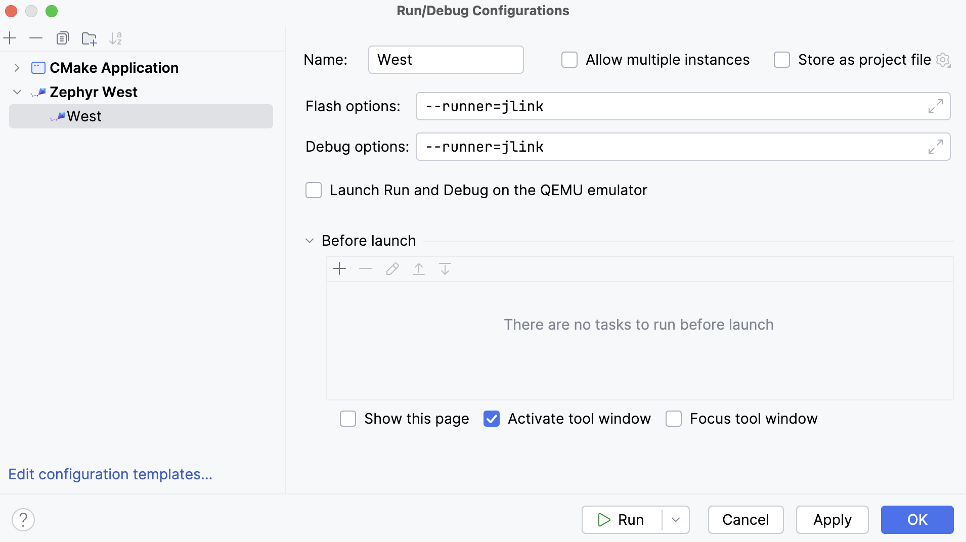 West run/debug configuration