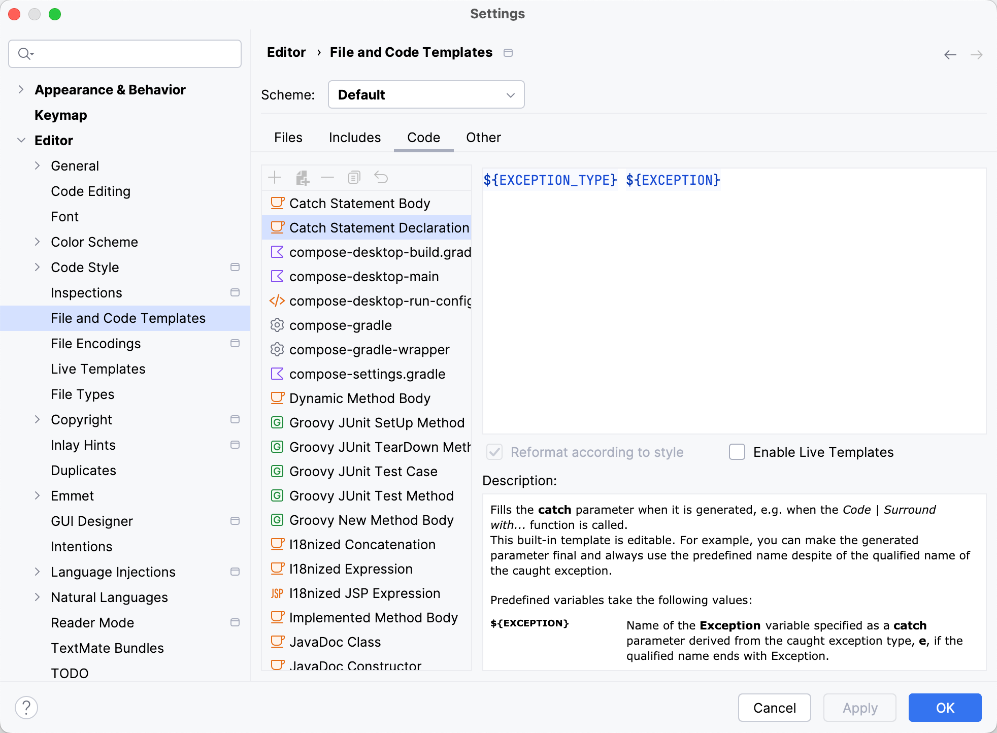 Code template settings