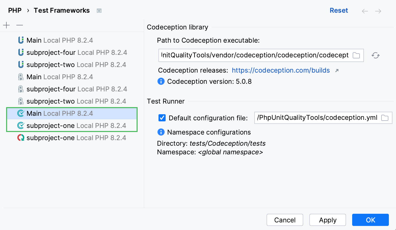 Codeception configurations