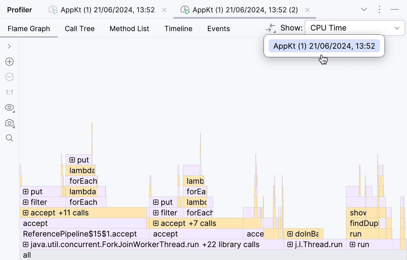 Selecting the baseline snapshot in the Compare With Baseline menu