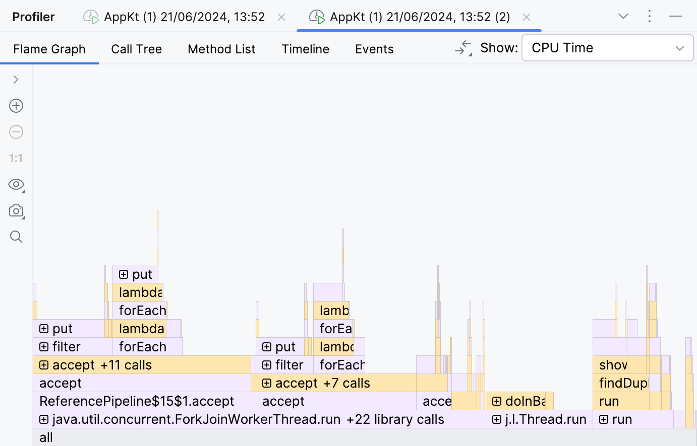 Two open tabs in the Profiler tool window