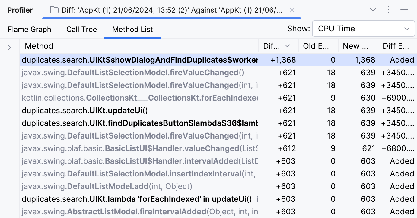 Method List tab in the comparison mode