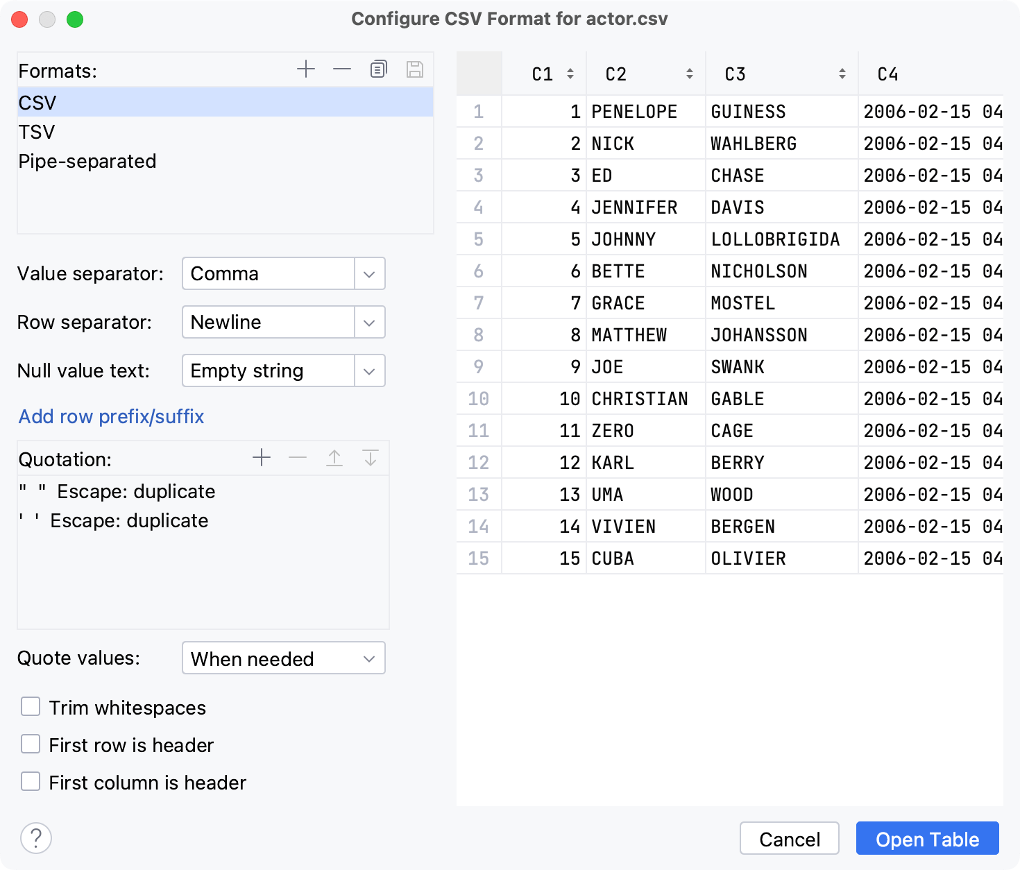 Configure CSV Format for <file_name> dialog