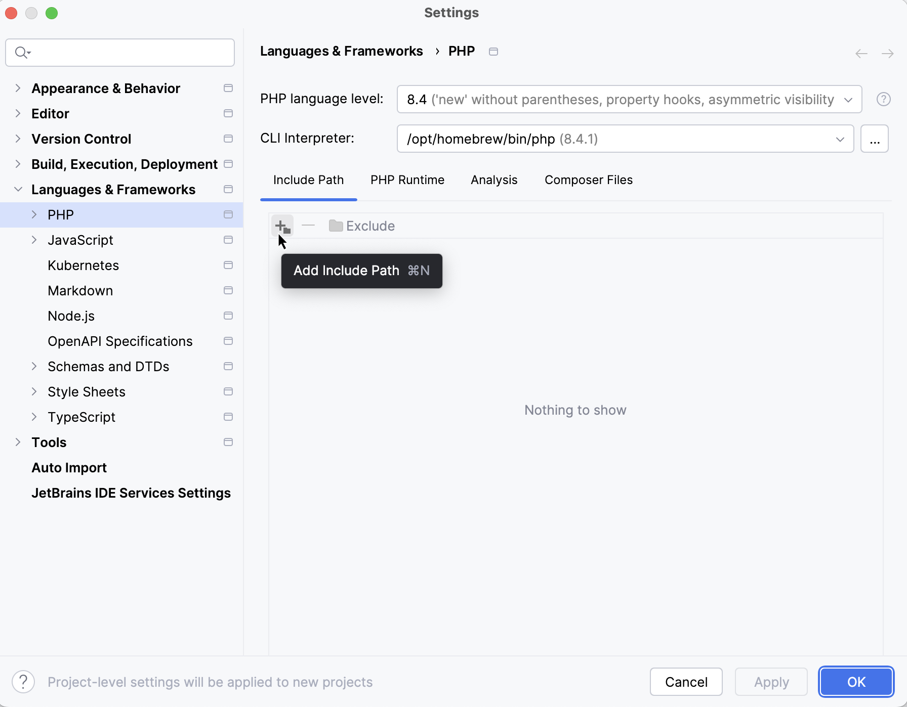 Configure include paths for new projects dialog