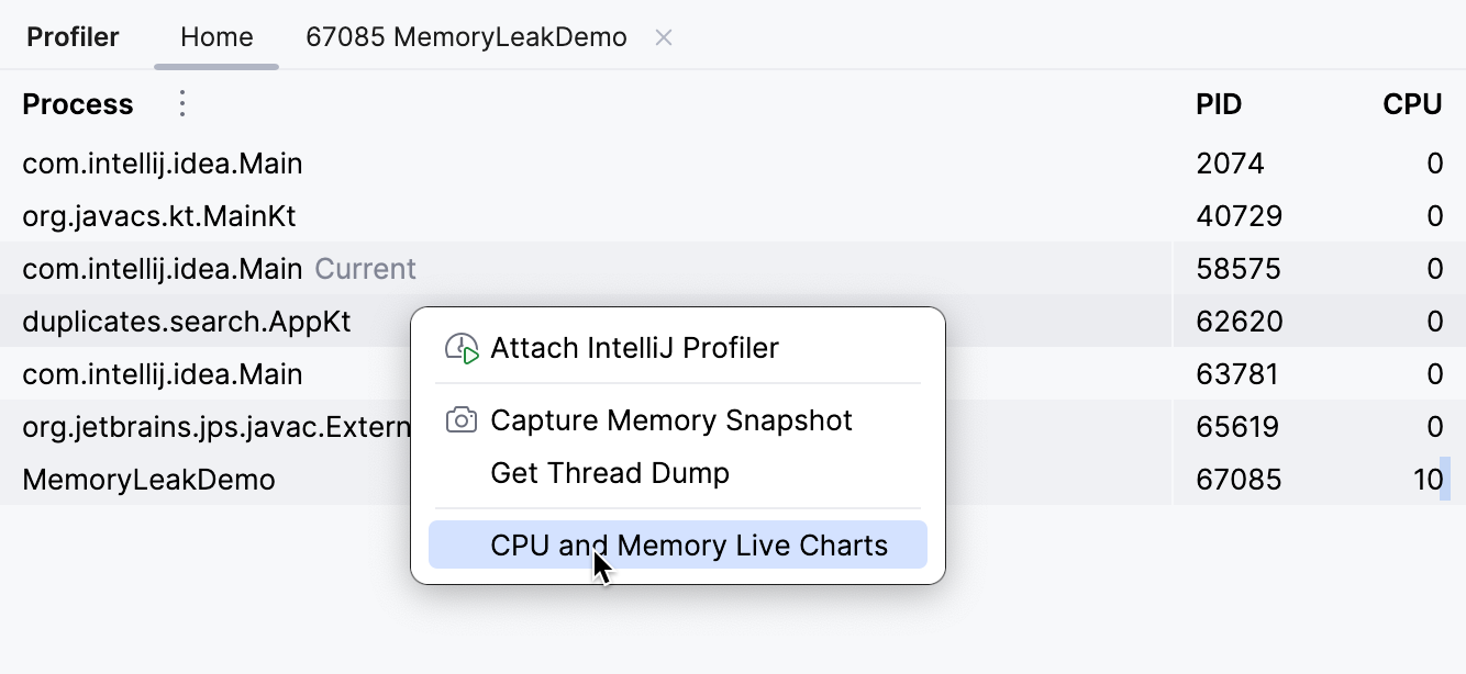 Accessing live charts for a running process