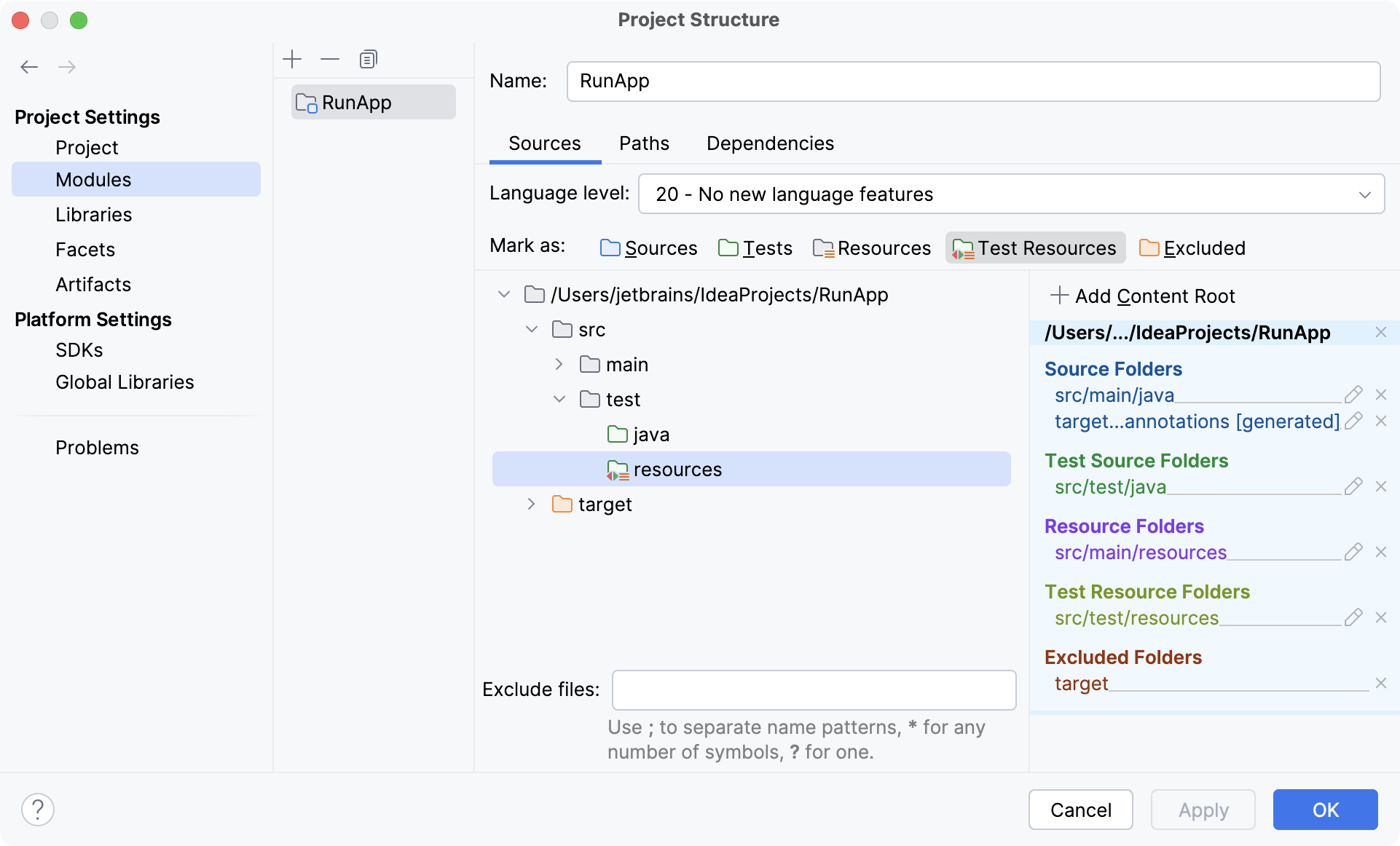 Test Resources Root created in the Project Structure dialog