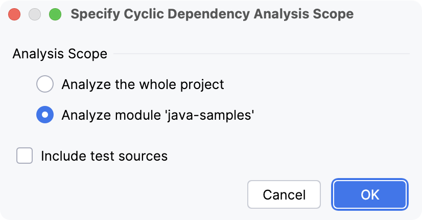 Selecting a scope for analyzing cyclic dependencies