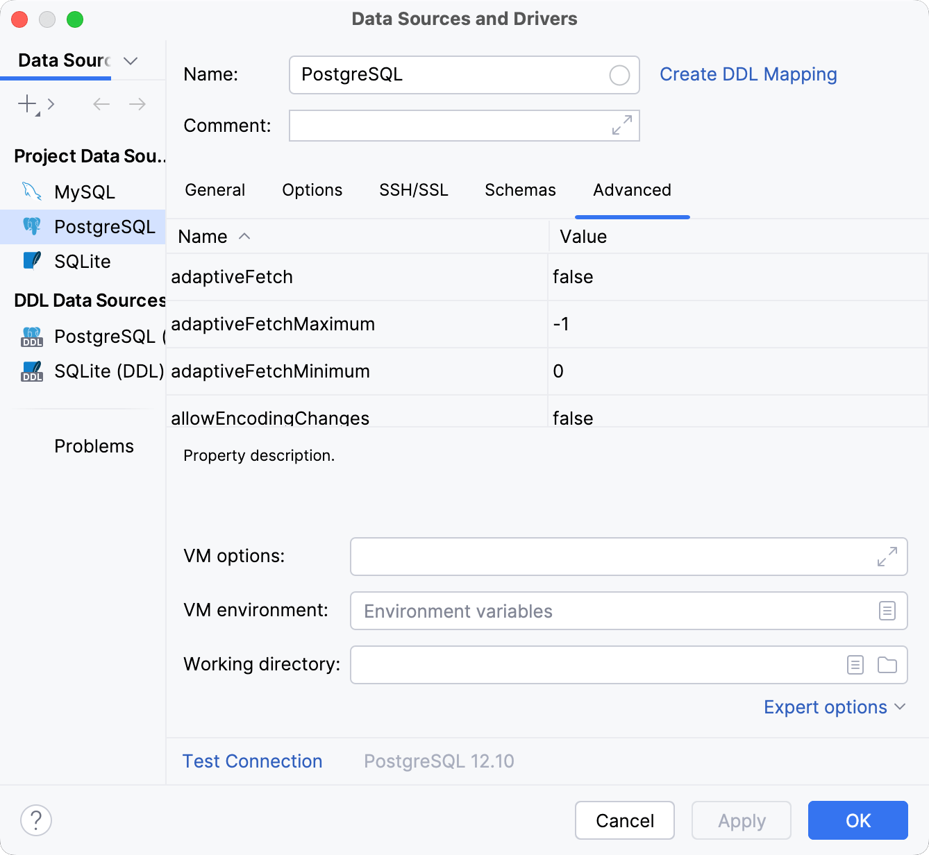 Data Source and Drivers dialog: Advanced tab of Data Sources settings