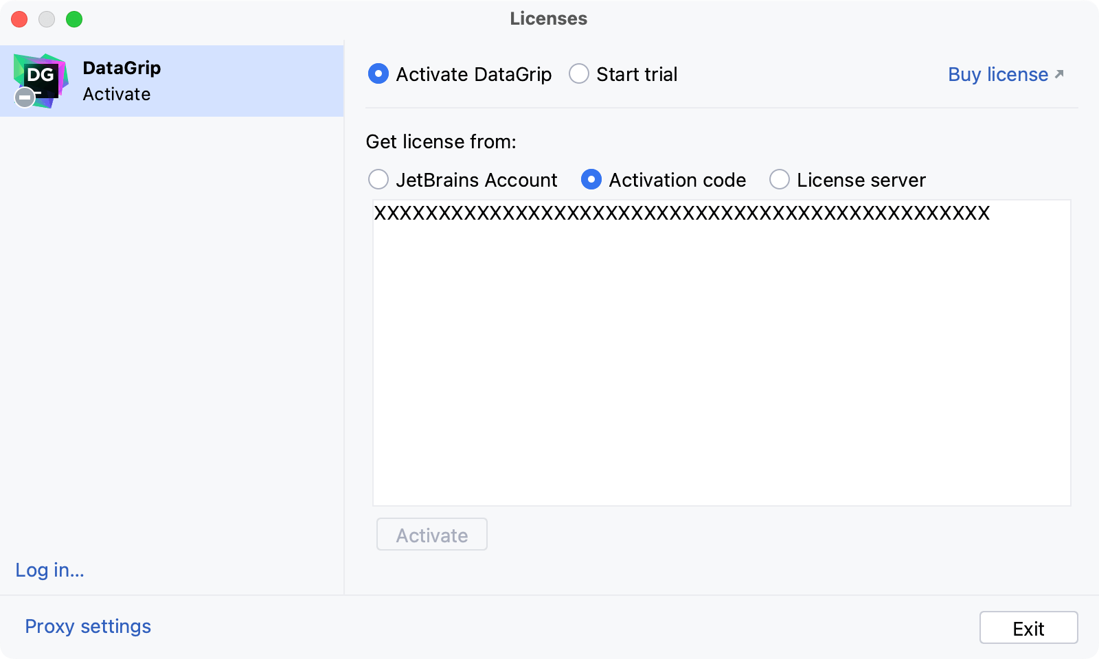 Activate DataGrip license with an activation code