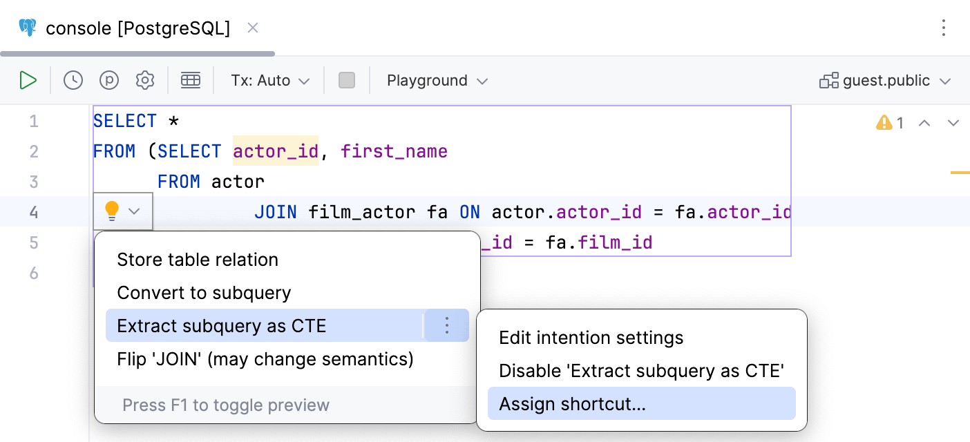 Assigning keyboard shortcut to intention action