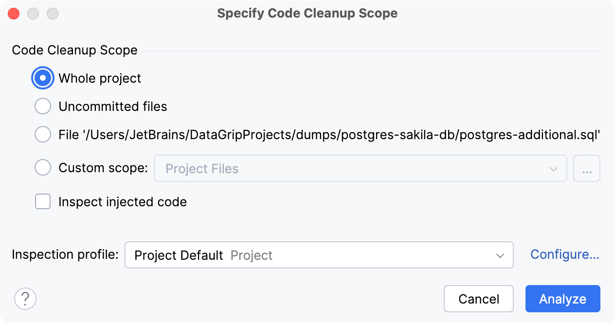 the Specify Code Cleanup Scope dialog