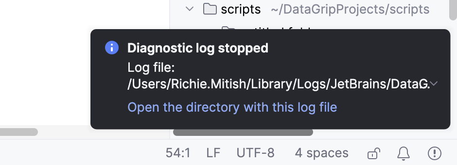 Notification about the log file with its location