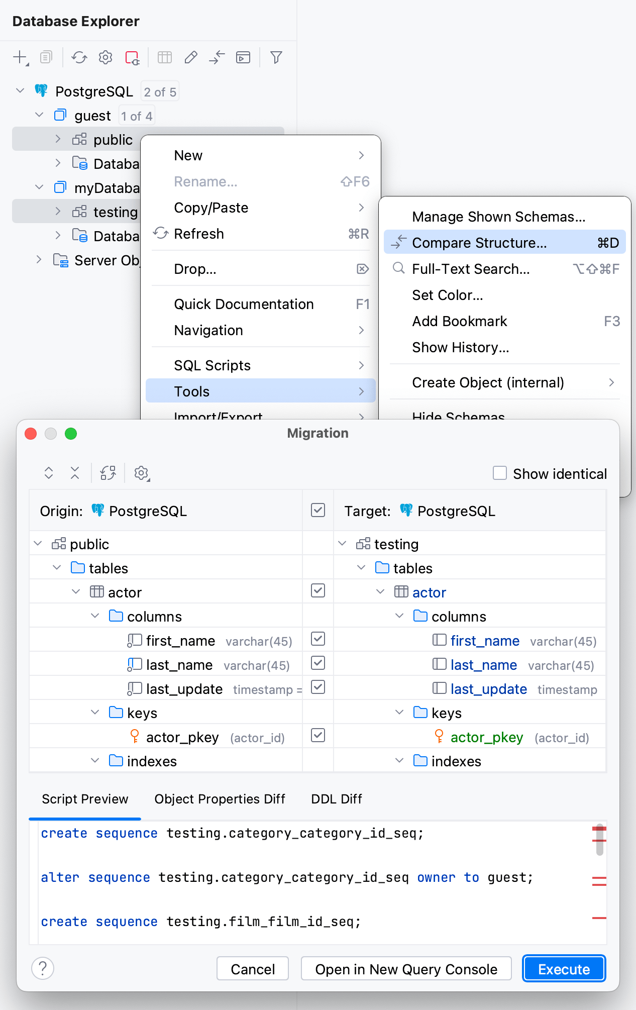 Differences between objects in the Migration dialog