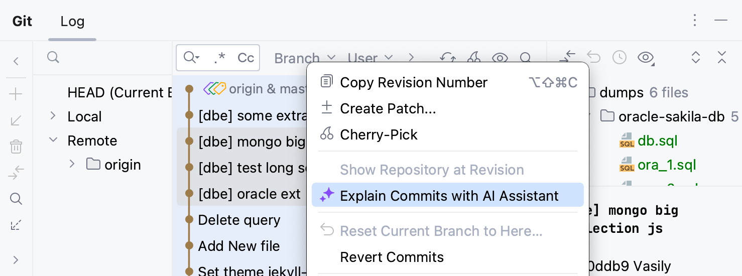 Explain Commit with AI Assistant option in VCS log