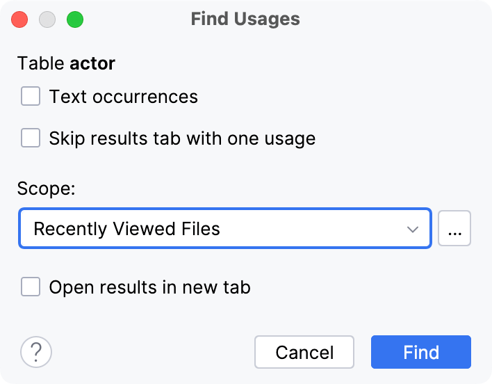 Find Usages dialog (Change Scope)