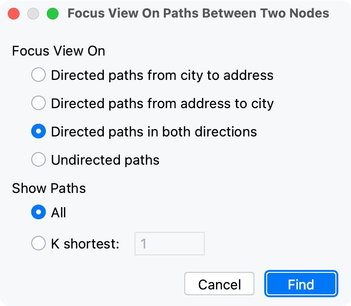 The Focus on Paths between Two Nodes dialog