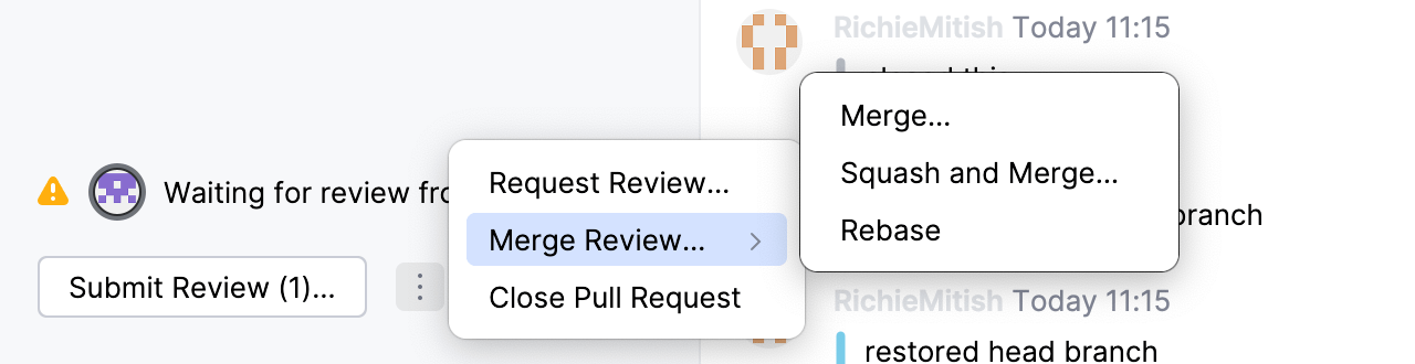 Merge options available before submitting review