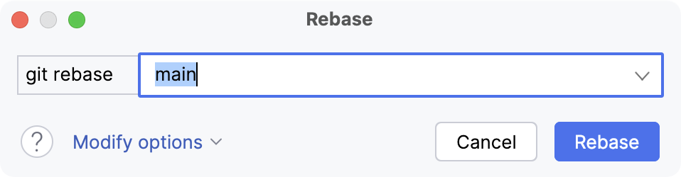 Choose target branch in the Git rebase dialog