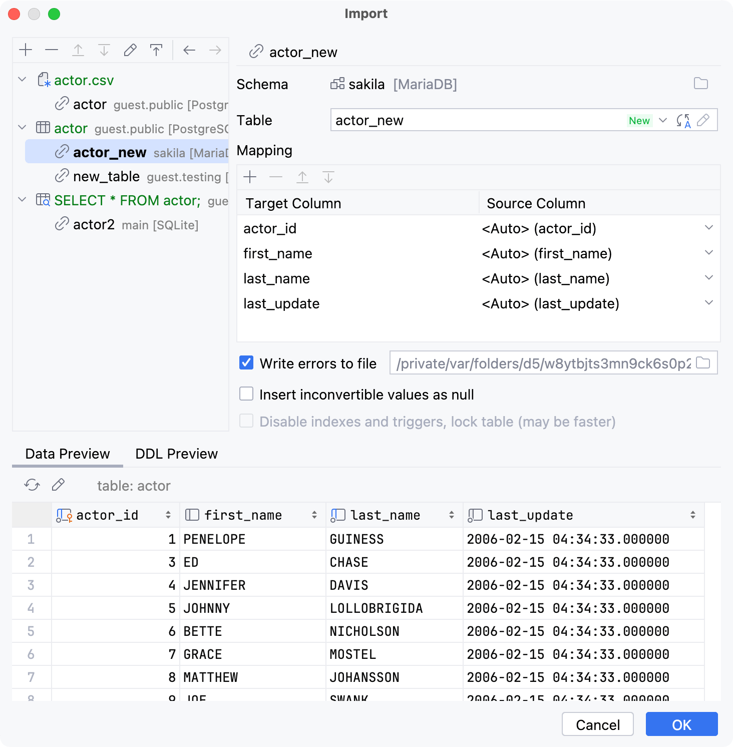 Import dialog: Mapping settings