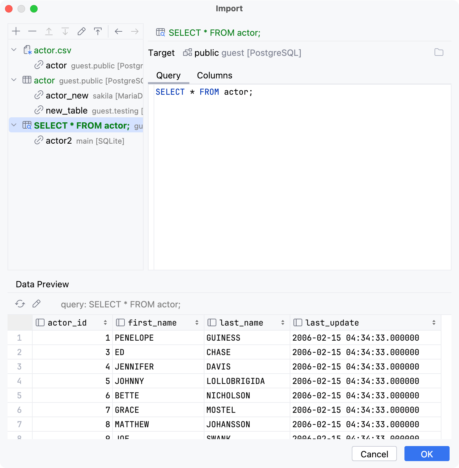 Import dialog: Query Source settings