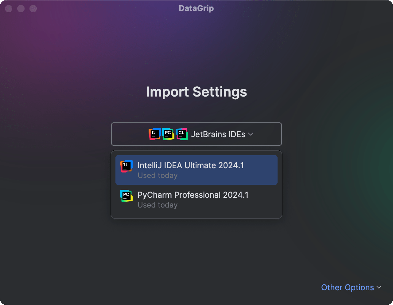 The Import Settings dialog with the opened drop-down list