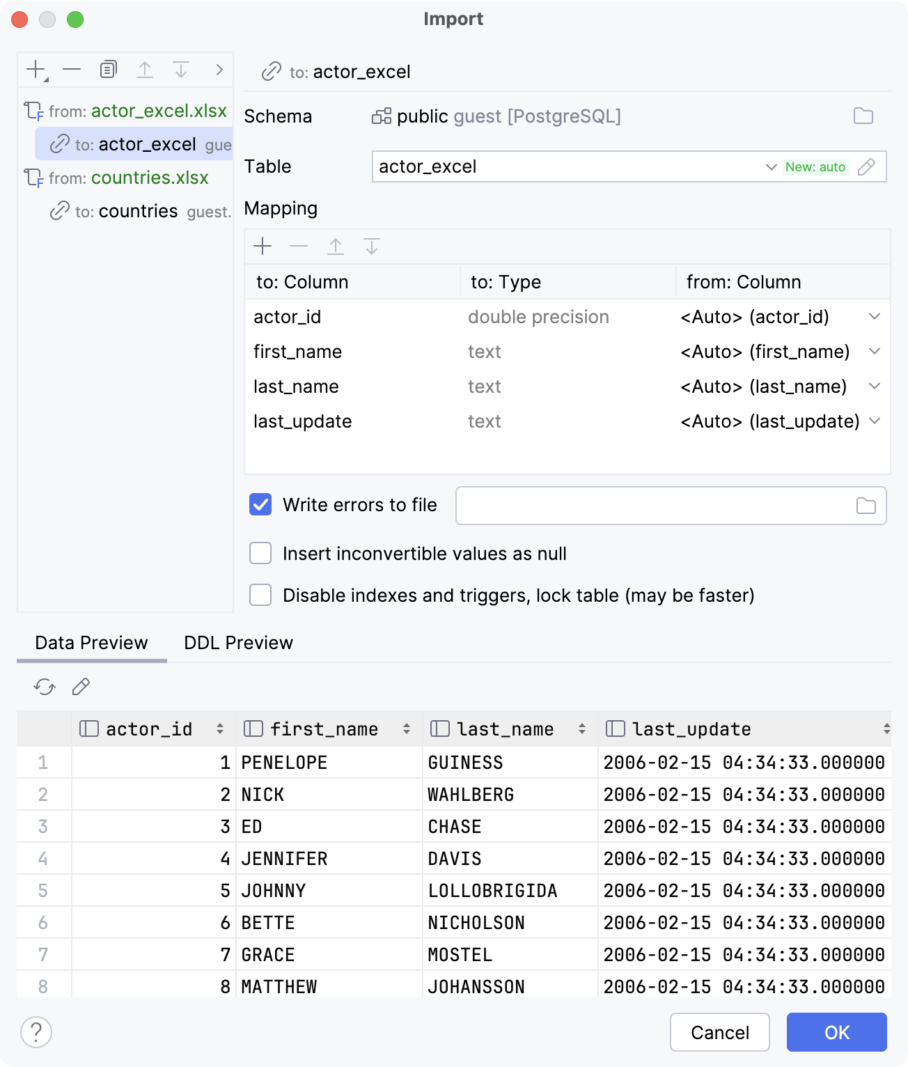 Import tabular data file: mapping settings