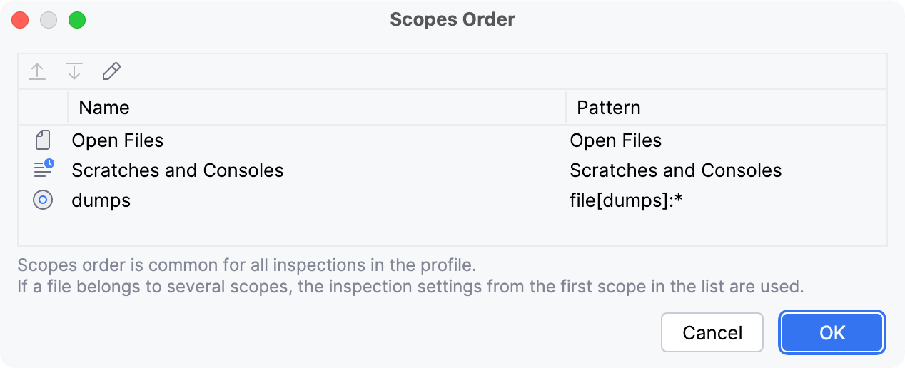 Changing the order of scopes dialog