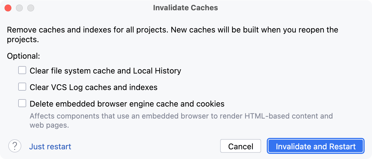 the Invalidate Cache dialog