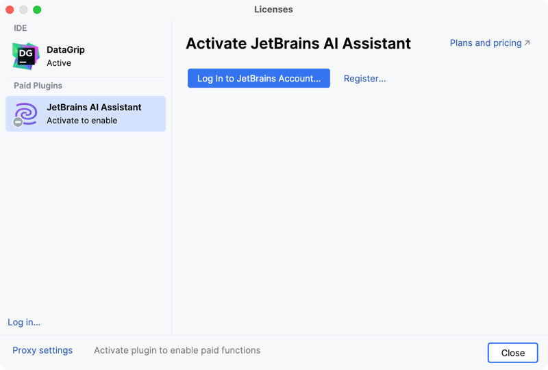 The AI Assistant tool window with an option to log in to JetBrains account