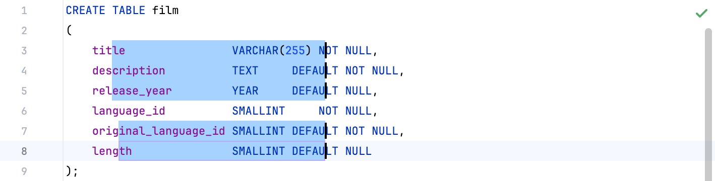 DataGrip: Selecting multiple rectangular fragments of text with the mouse