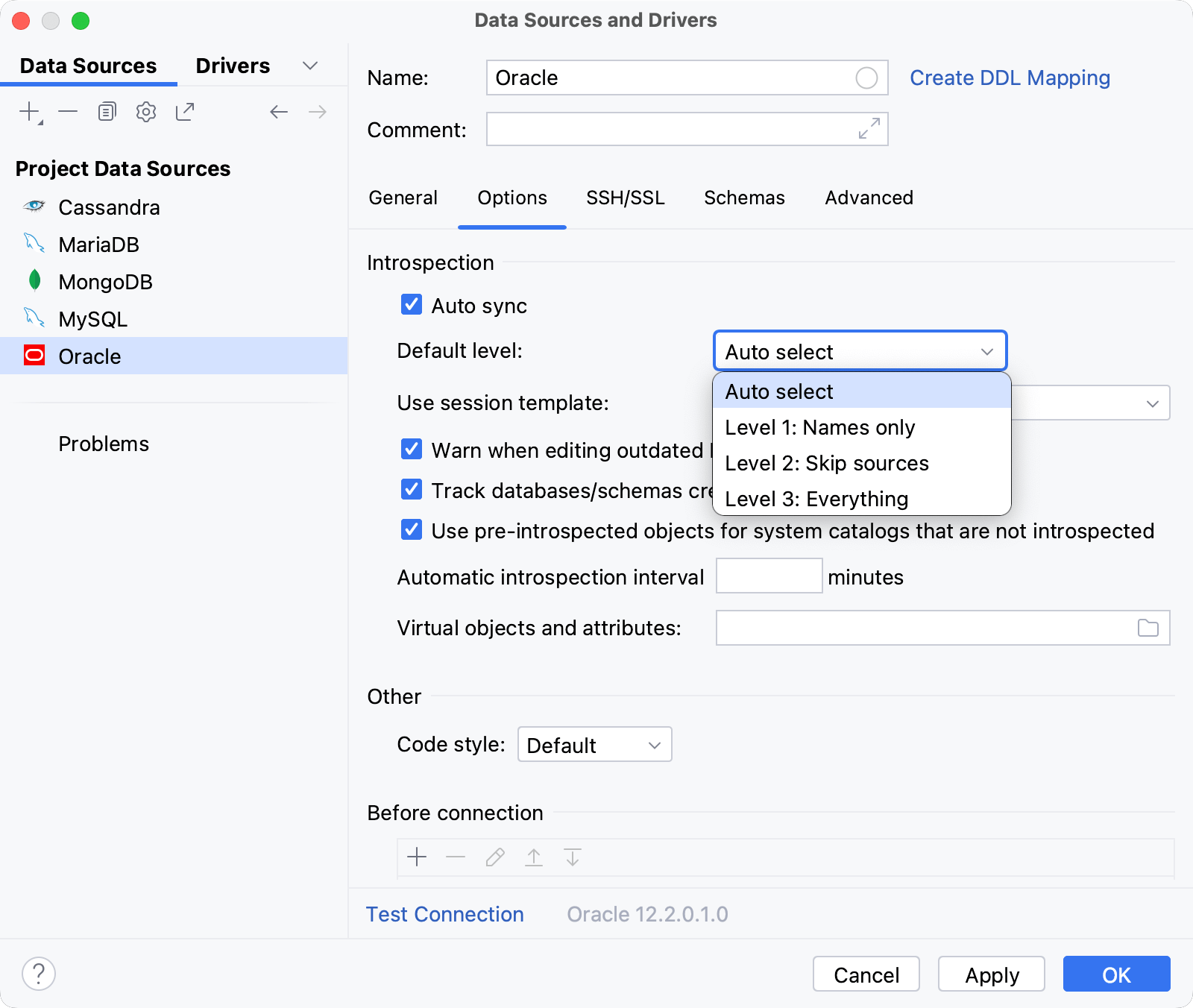 Change the Oracle introspection level defaults