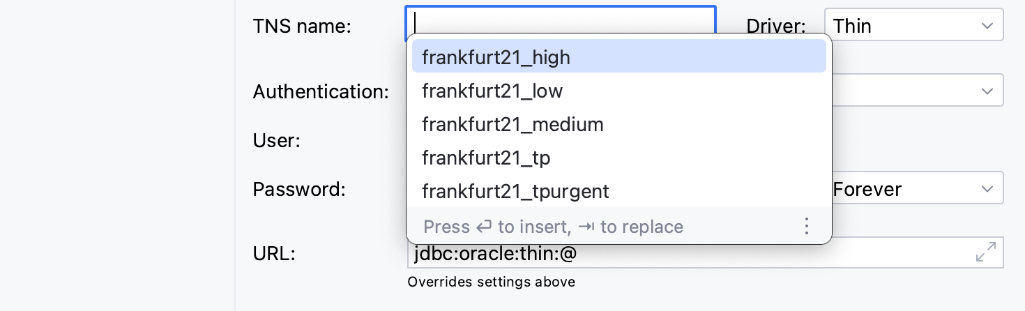 Automatic completion for the TNS name field in the data source settings