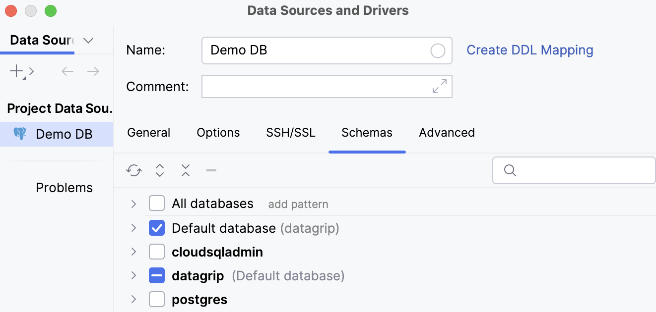 Selecting schemas to display in the Data Source and Drivers dialog