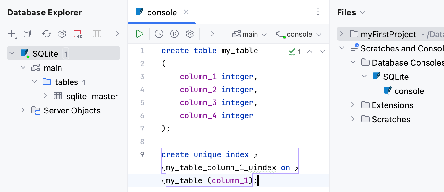 Database Explorer, query console, and Files tool window