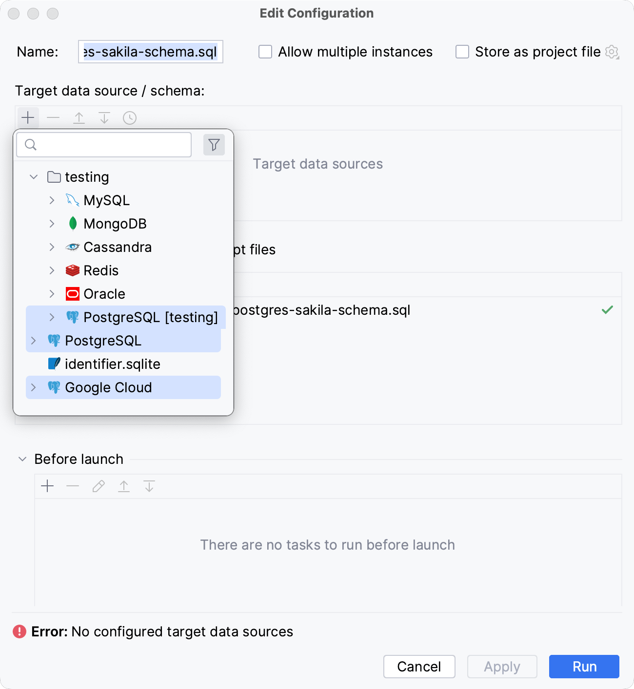 Run an SQL file for several data sources