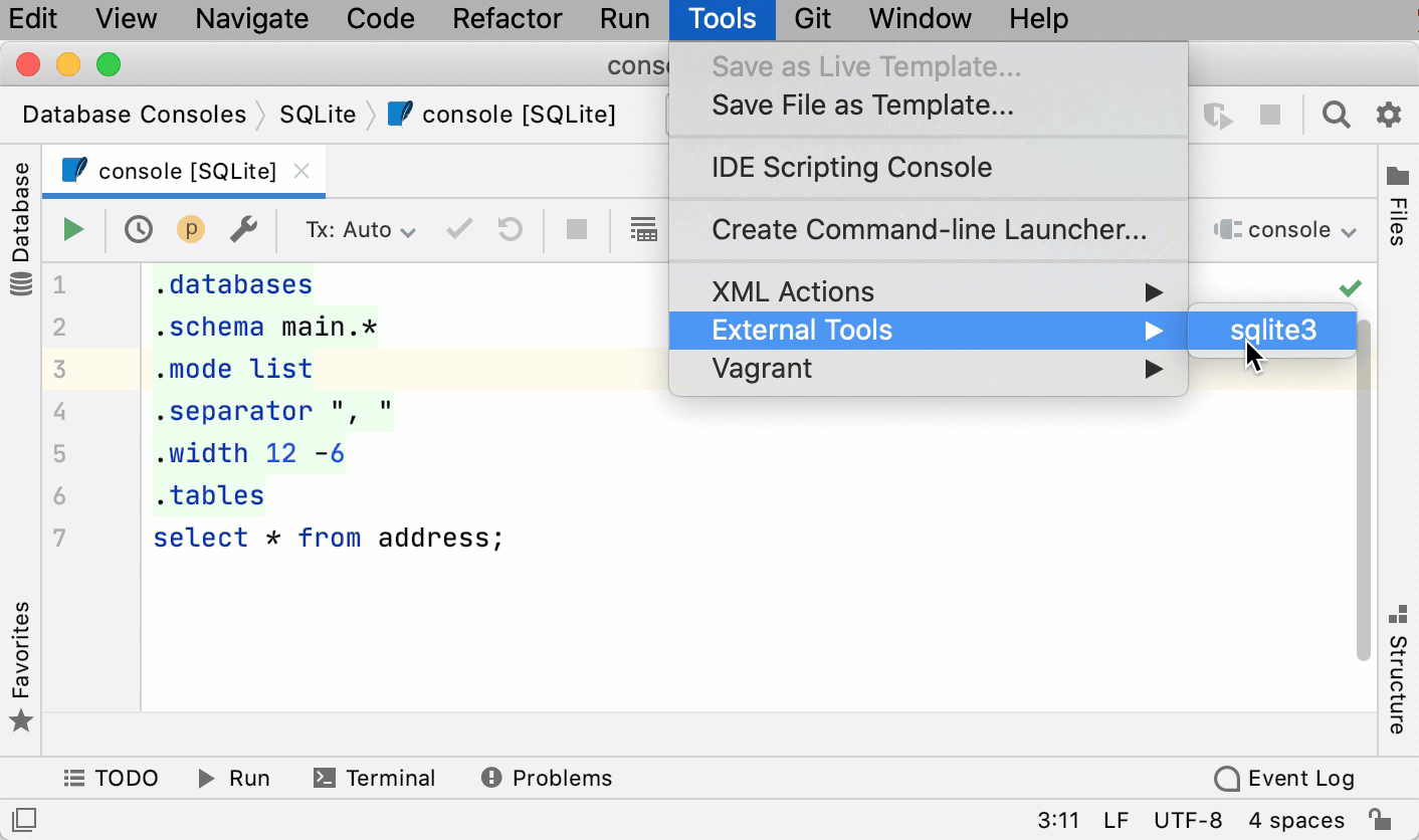 run sqlite3 from the main menu