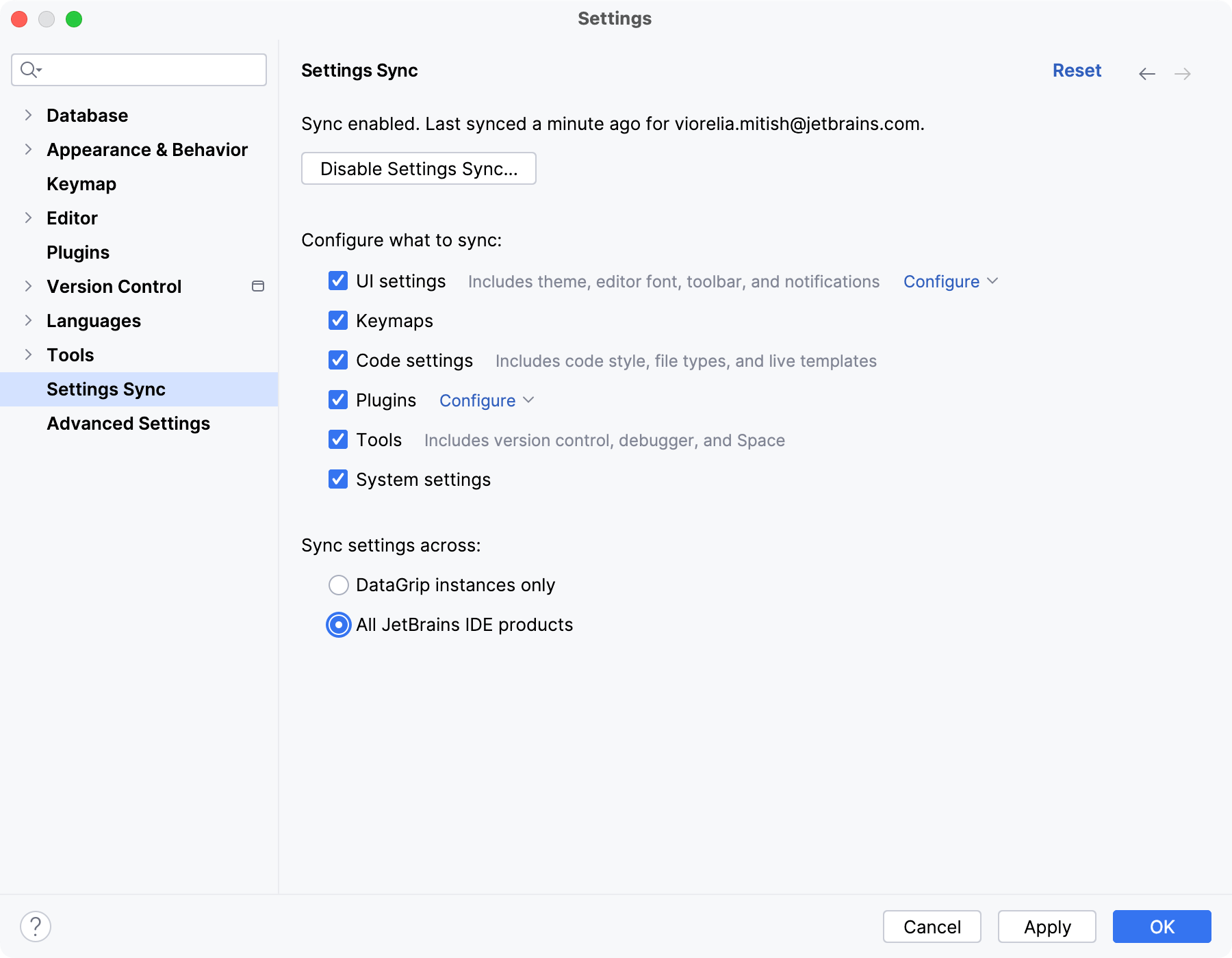 Settings Sync window