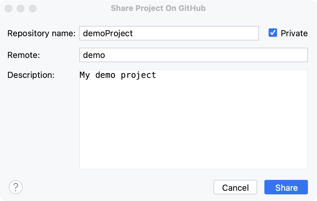 Share project on GitHub dialog