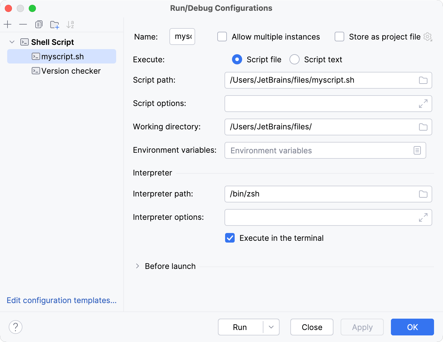 Shell Script run/debug configuration for a file