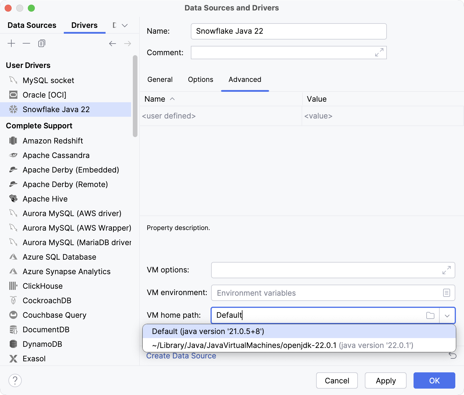 Snowflake JVM 22 driver settings