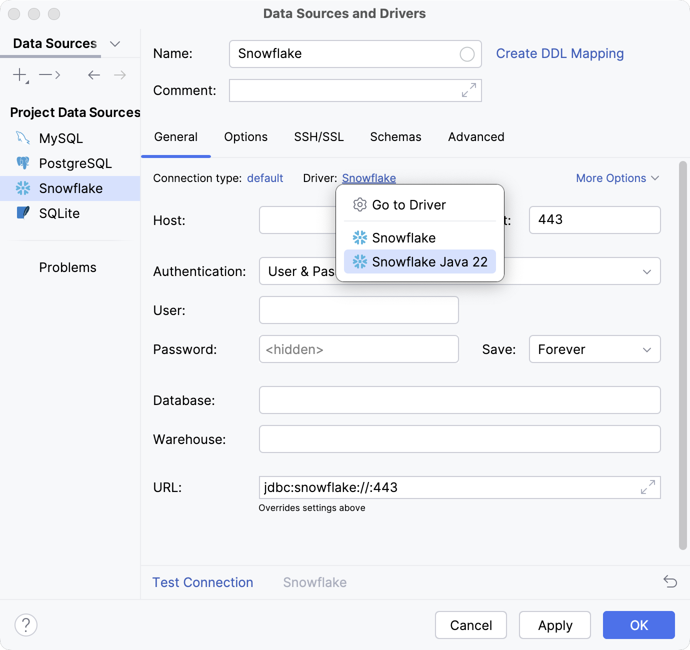 Data source with the Snowflake 22 driver