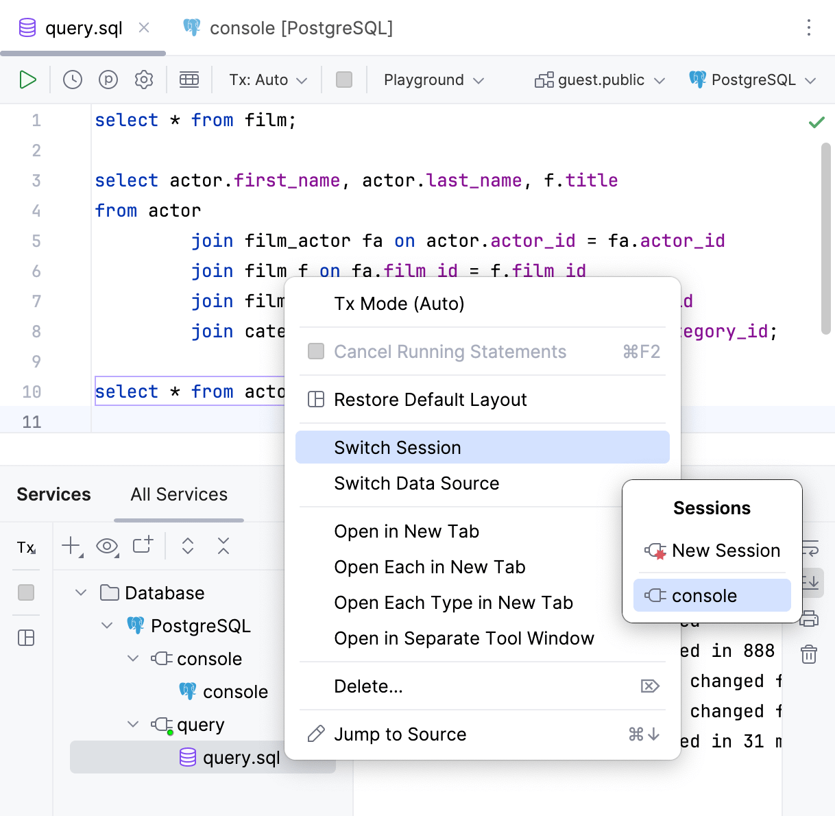 Switch sessions for an SQL file in the Services tool window